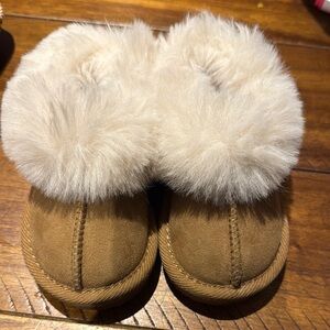 Brown and Cream Slippers with Plush Fur Trim